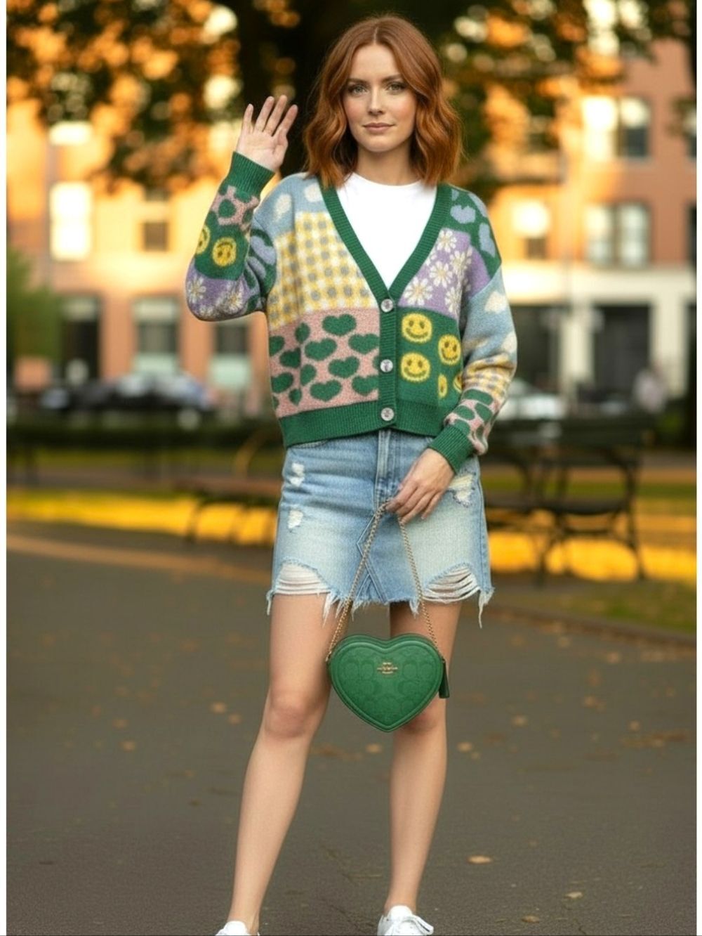 Patchwork Smiley Cardigan V-Neck Button Front | Women’s M/L | EUC | Fun Retro - Picture 7 of 7